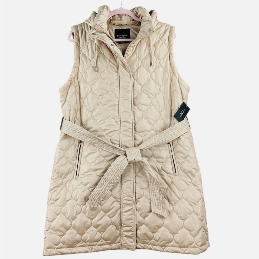 Kate Spade New York Long Vest Women’s L Size Soft Clay Puffer Tie Quilted Hooded